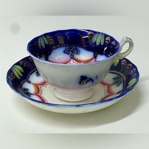 19th Century Antique Gaudy Welsh Banana Pattern Teacup & Saucer Set